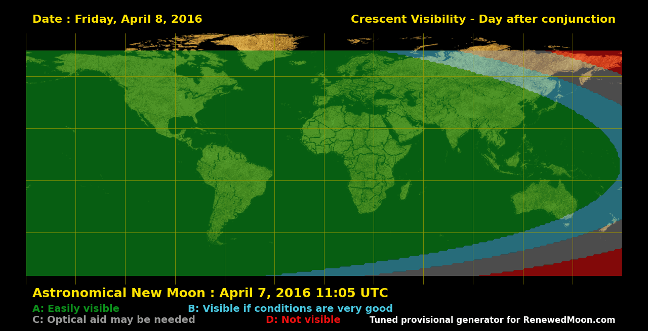 Visibility map showing global renewed moon sighting conditions