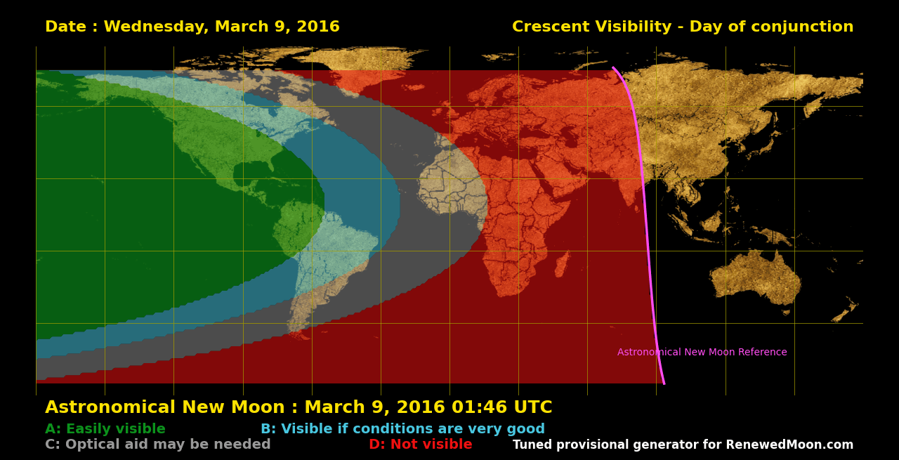 Visibility map showing global renewed moon sighting conditions