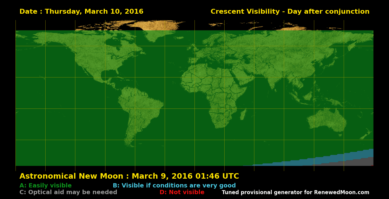Visibility map showing Israel-based renewed moon sighting conditions