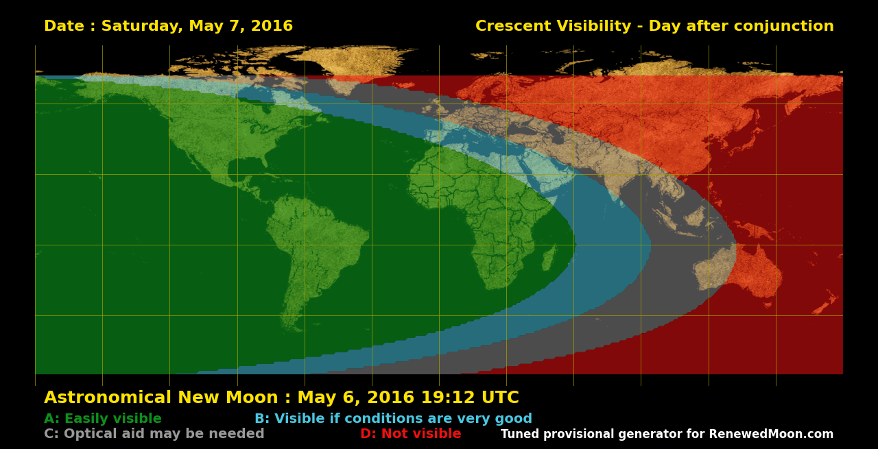 Map showing likely next global renewed moon sighting conditions