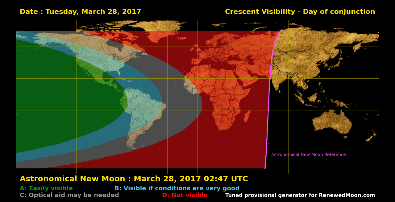 Visibility map showing global renewed moon sighting conditions