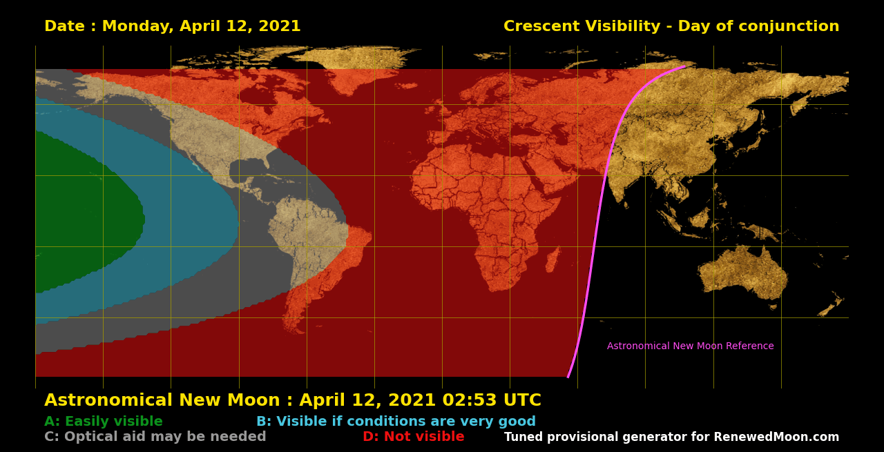 Map showing likely next global renewed moon sighting conditions