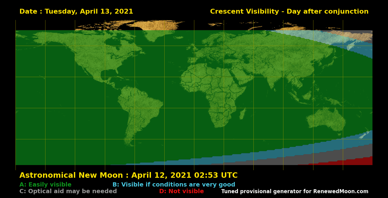 Map showing likely next renewed moon sighting conditions in Israel