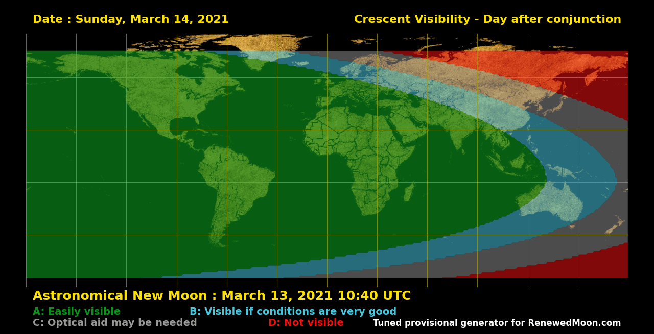 Visibility map showing global renewed moon sighting conditions