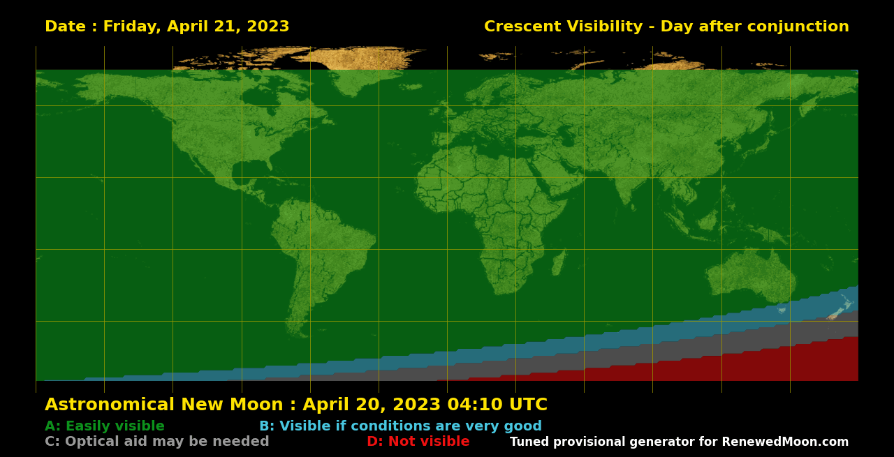 Map showing likely next renewed moon sighting conditions in Israel