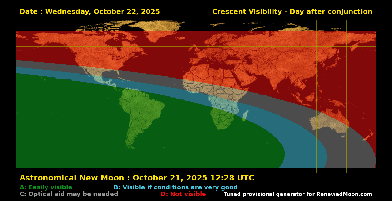 Map showing likely next global renewed moon sighting conditions