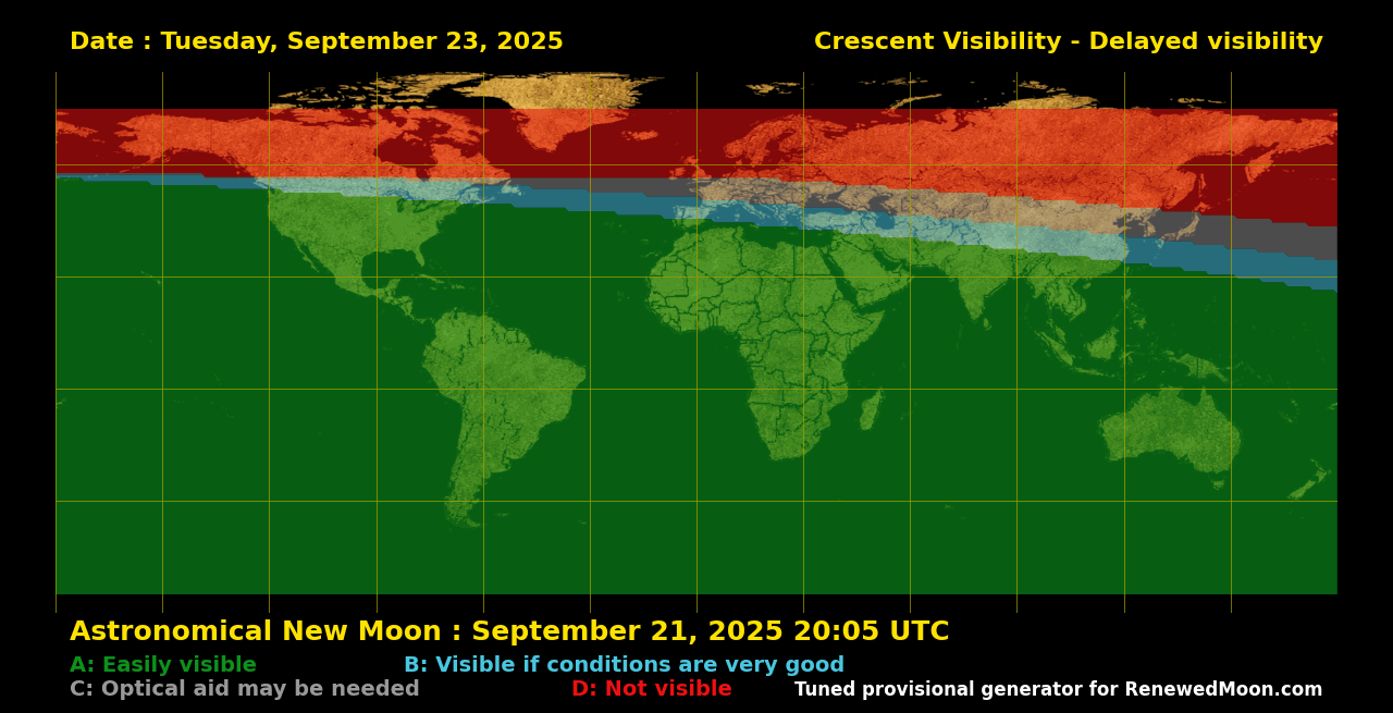 Visibility map showing global renewed moon sighting conditions
