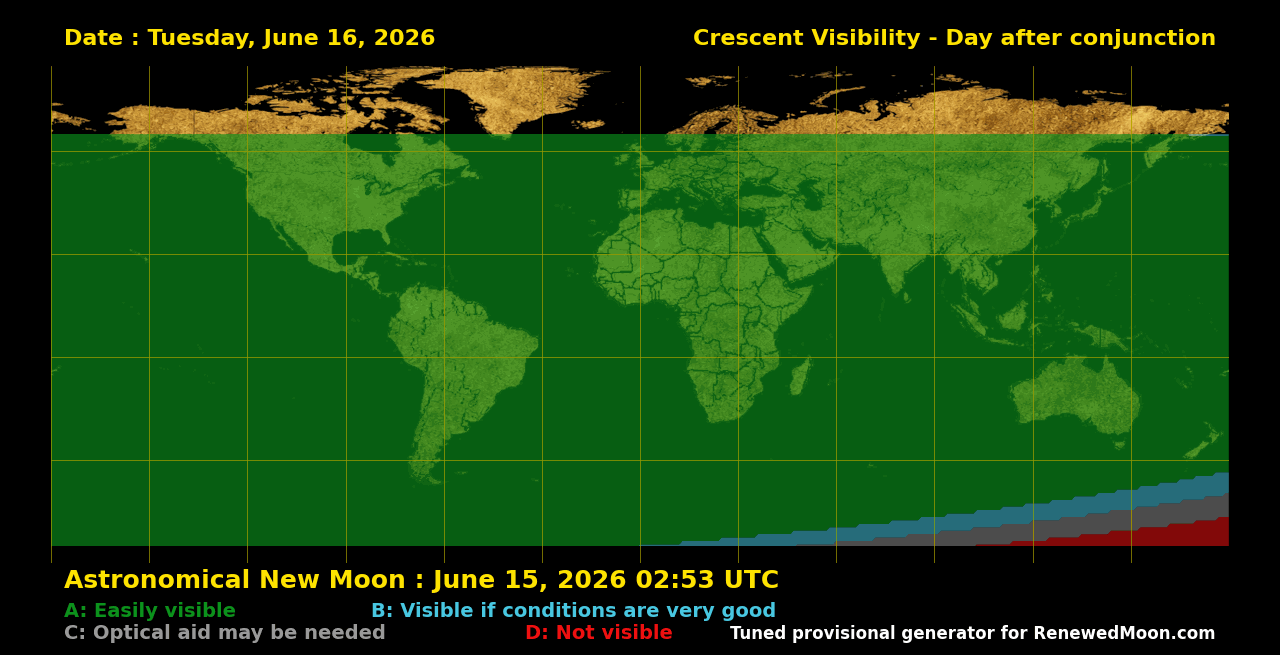 Map showing likely next renewed moon sighting conditions in Israel